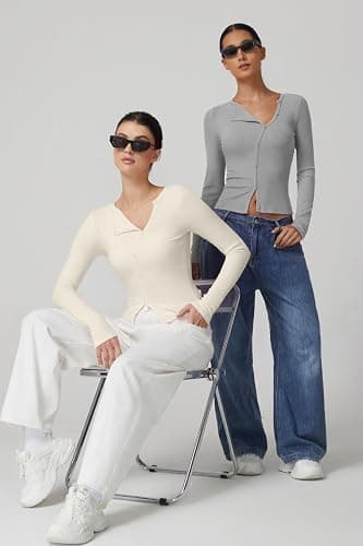QINSEN Women's Long Sleeve Ribbed Crewneck Shirts Upper Button Fastening Going Out Tops thumbnail 6