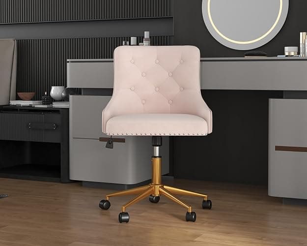 Velvet Armless Home Office Desk Chair, Swivel Height-Adjustable Small Cute Vanity Chair for Women/Girls, Comfy Makeup Chair with Rivet and Gold Base for Living Room, Bedroom(Light Pink) thumbnail 2