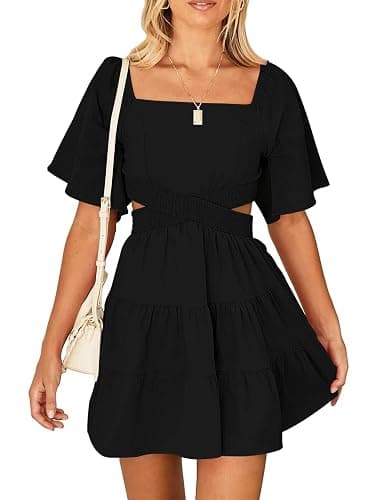 Wimsihal Women's Summer Dresses Square Neck Casual Short Sleeves Elastic Waist Party Mini Dress - Image 1
