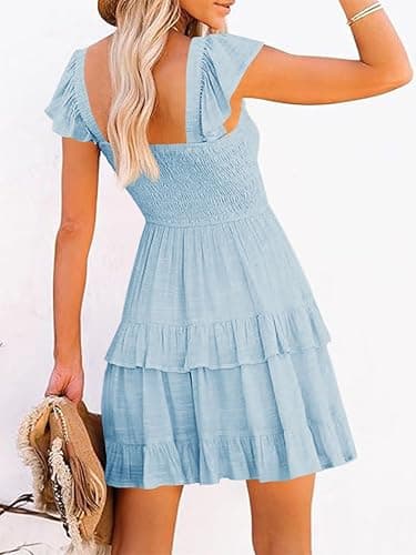 Fessceruna Womens Summer Ruffle Dresses Elastic Empire Waist A-line Layered Swing Flowy Mini Dress thumbnail 3