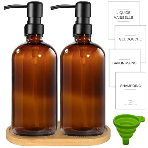 Distributeurs de Savon en Verre - Pack de 2 - Savon Mains - Liquide Vaisselle - Gel Douche - Shampoing - Plateau en Bois, Entonnoir Plastique, Etiquettes - Accessoires Salle de Bain Cuisine (Ambre) thumbnail 2