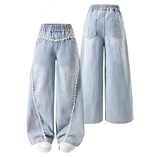 Nivne Tco Girls Baggy Jeans, Wide Leg Pants with Lace Trim - Trendy Loose Fit Casual Pants with Pockets for Everyday Wear thumbnail 5