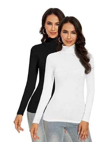 Qukayang Women's Turtleneck Long Sleeve Thermal Tops Slim Fitted Lightweight Thin Basics Layer Tshirt (XS-2XL) thumbnail 2