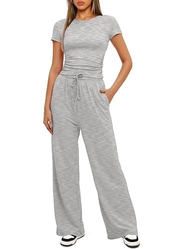 Darong Women's 2 Piece Set Outfits Lounge Sets Ruched Short Sleeve Tops High Waisted Wide Leg Pants Tracksuit Sets thumbnail 3