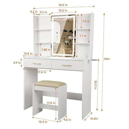 QUALIKRAFT White Vanity Set with LED Mirror & Stool, Makeup Desk with Built-in Power Outlet (2 AC & 2 USB), 2 Large Drawers & 6 Shelves, Lighted Dressing Table for Bedroom Organization thumbnail 2