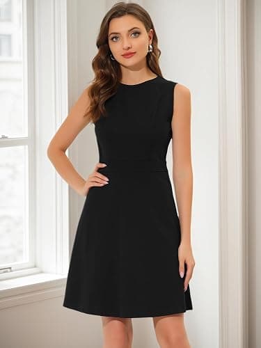 Allegra K Women's Work Dress Round Neck Solid Color Sleeveless A-Line Casual Office Dresses thumbnail 2