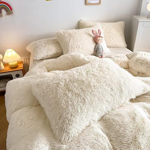 chovy Kids Girls Faux Fur White Comforter Sets Twin/Full - 3PC Bed Set Skin Friendly Soft Warm Comfortable Classical Rabbit Plush Velvet Flannel Fluffy Fuzzy Bedding（Comforter x 1 Pillowcases x 2） thumbnail 6
