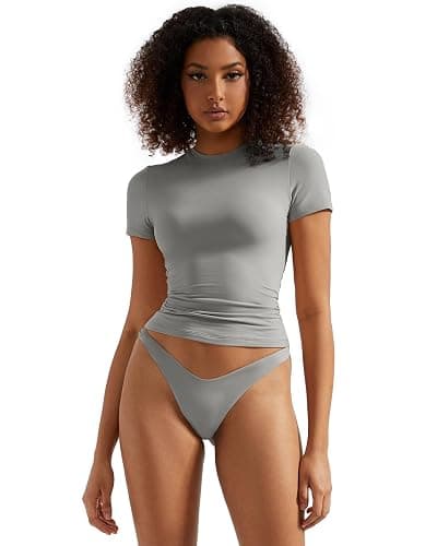 SUUKSESS Women Double Lined Fitted Basic Tee Crew Neck Short Sleeve Y2K Crop Top - Image 1