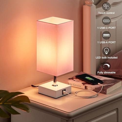 Ambimall Touch Control Table Lamp with 2 USB Charging Ports, 3 Way Touch Lamps Beside Desk, Nightstand Lamp for Bedrooms Living Room, Pink Shade with White Base, LED Bulb Included(Pink) thumbnail 3
