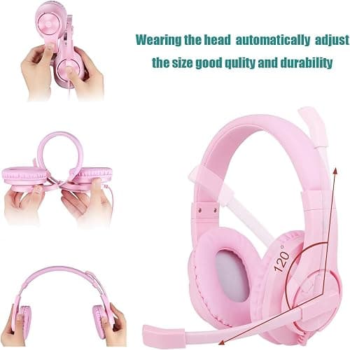 H-10 Gaming Headset for PS4, Xbox One, PC, PS5, Nintendo Switch, Stereo Wired Noise Cancelling Over Ear Headphones with Mic for Kids Adults, Bass Surround, Soft Memory Earmuffs, Pink thumbnail 2