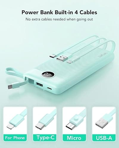 VRURC Power Bank with Built-in Cables,USB C Portable Charger for iPhone | 10000mAh Slim Charging Bank with Lanyard, Perfect for Travel, Work, School and Daily Carry-Green thumbnail 2