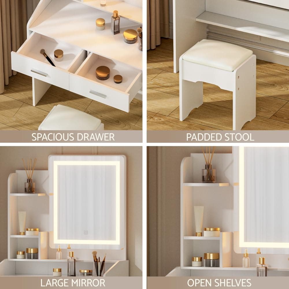 Artiss Dressing Table, LED Mirror Makeup Stool Set Wooden Vanity Desk Chair, Home Bedroom Furniture Girls Kids Women Organisers, Drawers Shelves Wide Tabletop White thumbnail 3