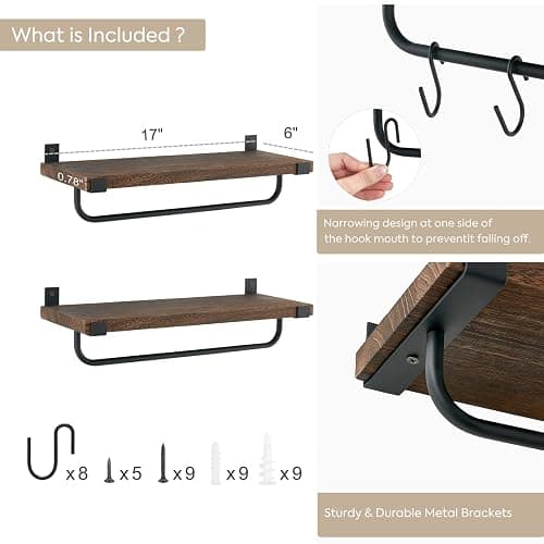 Mkono Mug Holder Wall Mounted Coffee Mug Rack Set of 2 Rustic Floating Shelf for Coffee Bar Accessories Wood Tea Cup Hooks Hanger for Organizing Cooking Utensils, Home Kitchen Decor, Brown thumbnail 3