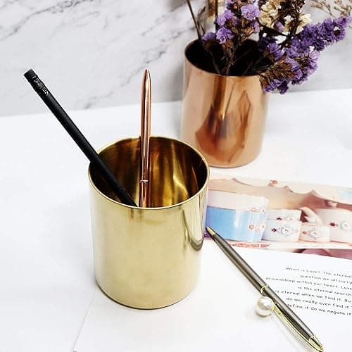 MultiBey Gold Pencil Holder Cup, Luxury Pen Holder Metal Organizer Small Vase, Desk Accessory for Office Home - Gold thumbnail 5