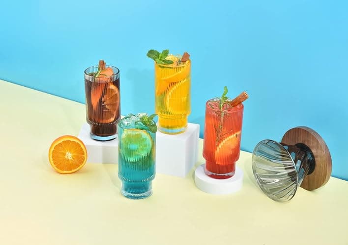 ALINK Glassware 4pcs Set,Water Drinking Glasses Cups 11 oz with Bamboo Lids and Glass Straws, Vintage Iced Coffee Cups, Origami thumbnail 4