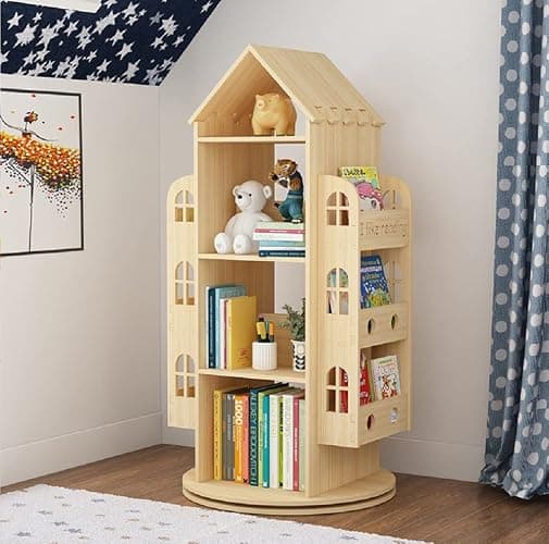 Heehee Rotating Bookshelf 360 Display Floor Standing Bookcase Storage Rack Children's Bookshelf, Wood Book Shelf Organizer Stand for Kids, Storage Book Display Case Bookrack - Image 1