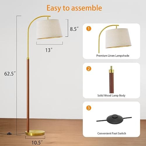 G-SAFAVA 62.5" Wood Floor Lamp for Living Room Gold with Foot Switch Arc Standing Tall Lamps for Bedroom Mid Century Modern Corner Floor Lamps for Office Nursery Industrial Reading Light Room Lamp thumbnail 6