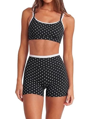 SUUKSESS 2 Piece Workout Sets Layered Sports Bra Yoga Gym Biker Shorts - Image 1