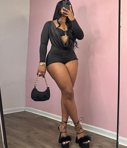 LXUAMR Jumpsuits for Women Sexy Deep V Neck Long Sleeve Romper Solid Color Bodycon Shorts Jumpsuit Going Out Outfits thumbnail 5