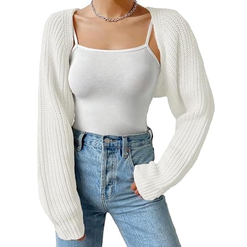 Fuimsul Women Open Front Ribbed Knit Crop Bolero Drop Shoulder Long Sleeve Solid Loose Fit Knitted Crop Cardigan Shrug - Image 1
