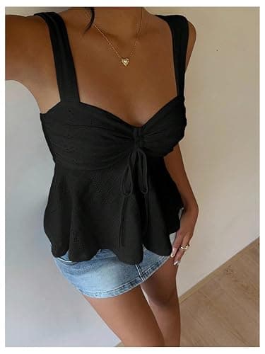 Milumia Women's Eyelet Tie Front Ruched Tank Tops Y2k Drawstring Sexy Going Out Top thumbnail 2