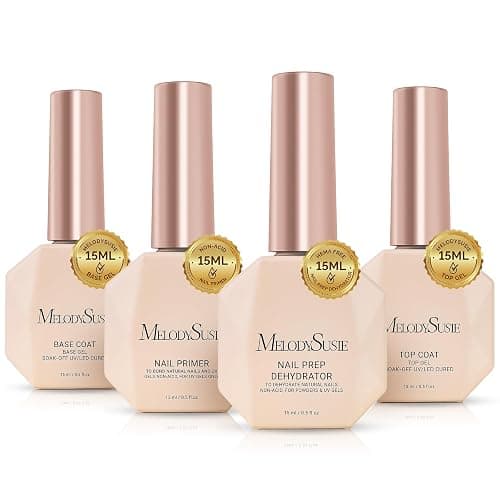 MelodySusie Top Coat Base Coat Nail Dehydrator and Primer Set Long Lasting Shine Nail Polish Art Design Manicure Kit Perfect Gifts for Women Girls 4 Pcs 15ml Clear - Image 1