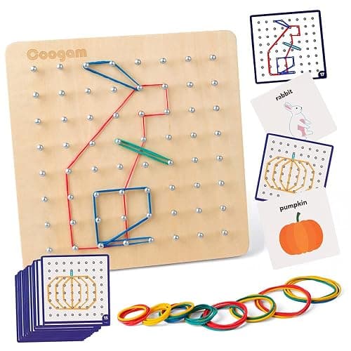 Coogam Wooden Geoboard Mathematical Manipulative Material Array Block Geo Board – Graphical Educational Toys with 30Pcs Pattern Cards and Latex Bands Shape STEM Puzzle Matrix 8x8 Brain Teaser for Kid thumbnail 9