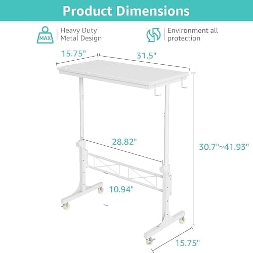 WINAZ Rolling Standing Desk with Wheels, 32" Adjustable Height Small Portable Teacher Desk for Classroom, Mobile Treadmill Walking Pad Table for Laptop, Compact White Home Office Workstation thumbnail 3