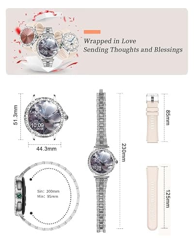 Smartwatch Donna, 1,3'' HD Orologio Smart Watch Diamante con Chiamate BLE5.2/2 Cinturini/110+ Sport/Sonno/Cardiofrequenzimetro, Orologio Digitale IP68 per Android iOS, Regalo Donna, Argento thumbnail 7