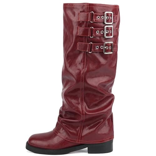 ClassicSter Fold Over Knee High Boots Slouch Boots for Women Chunky Goth Platform Boots,2 inch Heel Wide Calf Long Boots Square Toe Riding Boots - Image 1