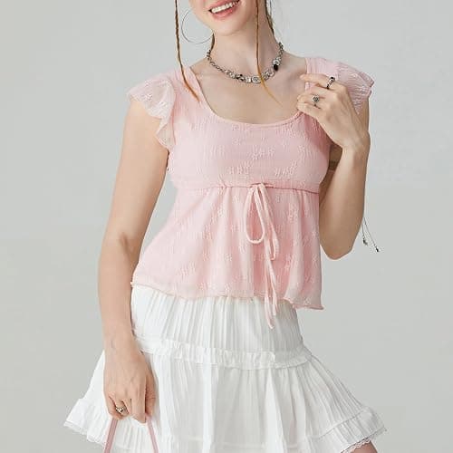 Women Square Neck Peplum Top Y2k Cap Sleeve Layered Ruffle Trim Printed Top Lace Up Slim Fit Solid Color Shirt thumbnail 4