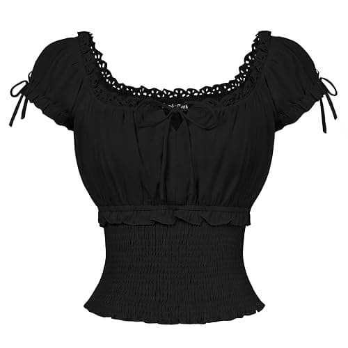 SCARLET DARKNESS Women Renaissance Cotton Short Sleeve Square Neck Top Smocked Waist U-Back Ruffled Cuff Blouses - Image 1