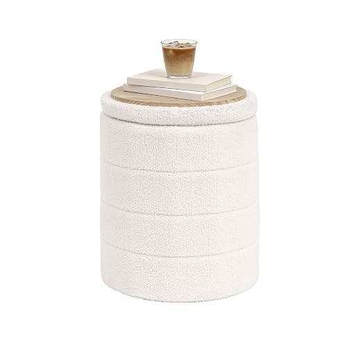 CAIPINFUL 14.5" Round Storage Ottoman,Boucle Sherpa Ottoman with Tray, Faux Teddy Foot Rest Coffee Table for Bedroom Dorm Living Room,White thumbnail 3