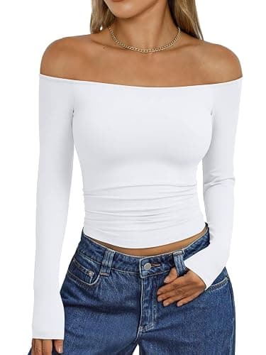 Trendy Queen Womens Long Sleeve Off The Shoulder Tops Going Out Cute Basic Y2K Fall Fashion 2025 Outfits Clothes - Image 1