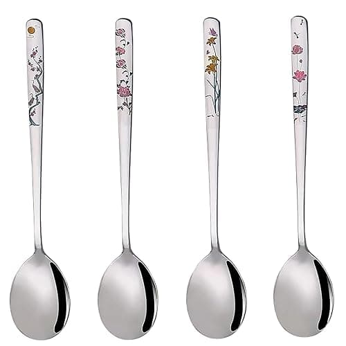 YAPULLYA Korean Soup Spoons, 18/8 Stainless Steel Long Handle 8 Inch Tablespoon, Asian Metal Dinner Spoons, Set of 4 (flowers) - Image 1