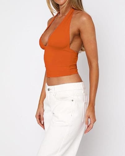 ForeFair Women Sexy Halter Deep V Neck Backless Crop Tank Top Open Back Sleeveless Slim Fit Y2k Summer Tops thumbnail 3