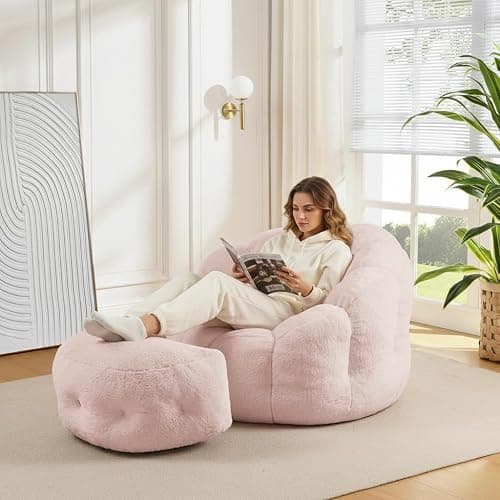 Bean Bag Chair with Ottoman, Pink Flower Bean Bag Chairs for Adults and Teens, Comfy Plush Faux Fur Reading Chair for Living Room, Bedroom, Apartment, Dorm thumbnail 9