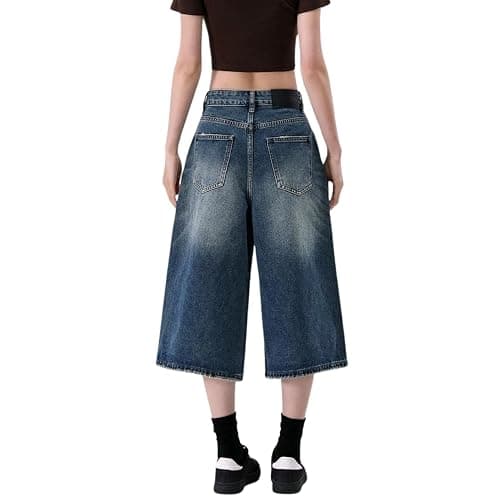 OTEEGX Jorts Women Baggy Jean Shorts Summer Long Denim Y2k Shorts for Women | Barrel Wide Leg Capri, High Rise, 4 Pockets, Plus Size Summer Bermuda Jorts, Boyfriend Vintage Streetwear thumbnail 3