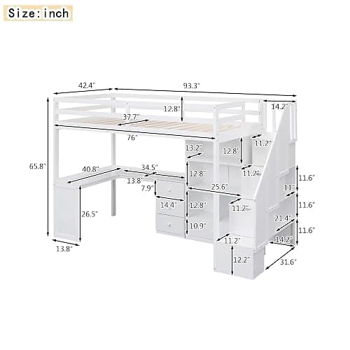 Harper & Bright Designs Twin Size High Loft Bed with L-Shaped Desk, Wood Twin Loft Bed with Storage Drawers and Cabinets, White thumbnail 3