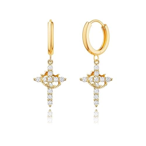 Robaice Gold Crown Cross Earrings for Women - 14K Gold Plated Huggie Hoop Earrings with CZ Diamond Cross Charm Dangle, Religious Christian Jewelry Gifts for Her - Image 1