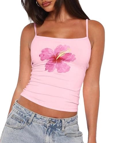 Cioatin Cute Y2K Floral Graphic Print Crop Cami Sleeveless Spaghetti Straps Slim Fit Tank Square Neck Summer Tops Backless - Image 1