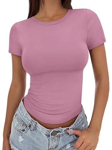 Trendy Queen Womens Basic T Shirts Summer Tops 2025 Crop Short Sleeve Slim Fit Tee Cute Gym Workout Clothes - Medium - Mauve