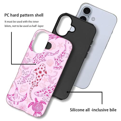 Case for iPhone 16,Fits Frosted Case Design for Girl Women,Sharks Turtles Shells Seaweed Pink thumbnail 3