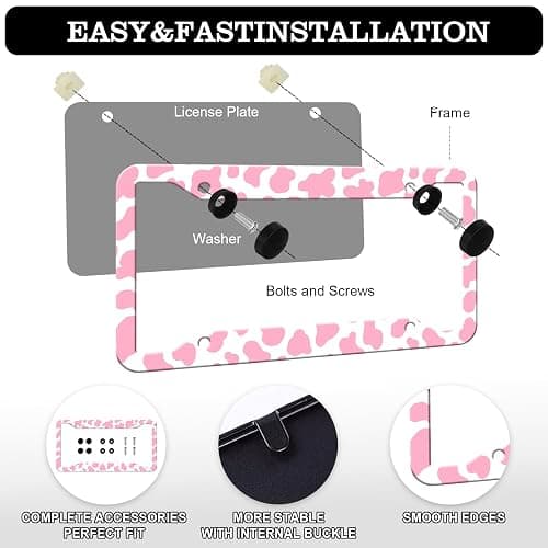 Cow Print License Plate Frame - 2 PCS Cute Pink Cow Print Animal Spots License Plate Holder, Rust-Proof Stainless Steel License Plate Cover Decoration with Screws Caps for Standard Us 12x6 Inch thumbnail 3