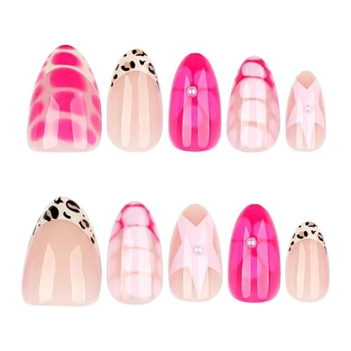 24Pcs Cute Almond Press on Nails Short Fake Nails with Flower Star Pattern Design Leopard French Tip Press on Nails Artificial Flower Nails Press ons Pink Full Cover Stick on Nail for Women thumbnail 5