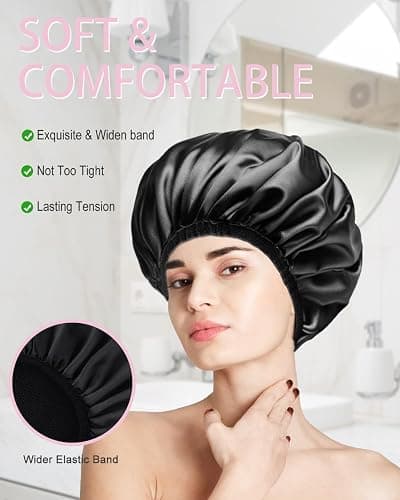 Aquior Shower Cap,Terry Lined Shower Cap for Women Reusable, Triple Layer Waterproof Bath Cap, Extra Large for Women Long Hair(Black) thumbnail 6