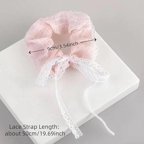 4 Pcs Cute Lace Scrunchies with White Bow Boho Hair Ties Elegant Ponytail Holder Elastic Band Scrunchy Lace Bow Hair Accessories for Women & Girls - Yellow, Pink thumbnail 4