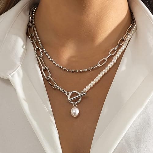 Bethynas Dainty Silver Layered Baroque Pearl OT Clasp Necklace Stacking Beaded Ball Chain Paperclip Pearl Chain Retro Necklace for Women thumbnail 2