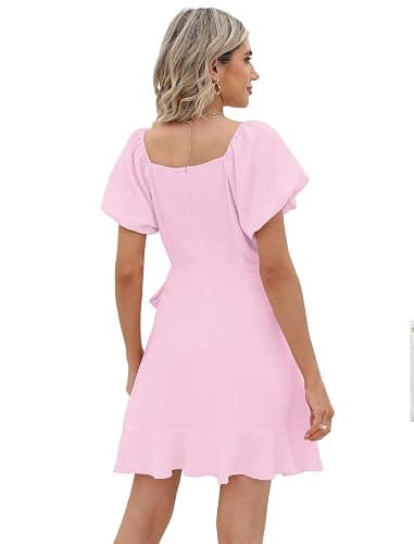 Sampeel Womens Summer Dresses Square Neck Puff Sleeve Tie Waist Short Dress thumbnail 4