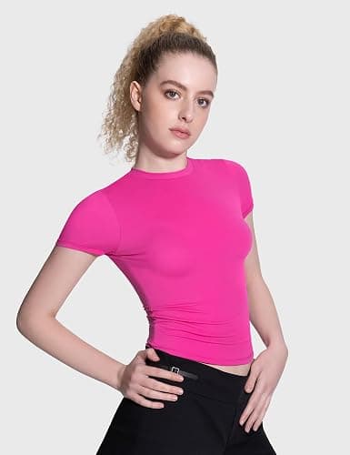 PUMIEY Women's Crew Neck Short Sleeve Tops Double Lined Slim Fit T Shirts Basic Tee Smoke Cloud Pro Collection thumbnail 2